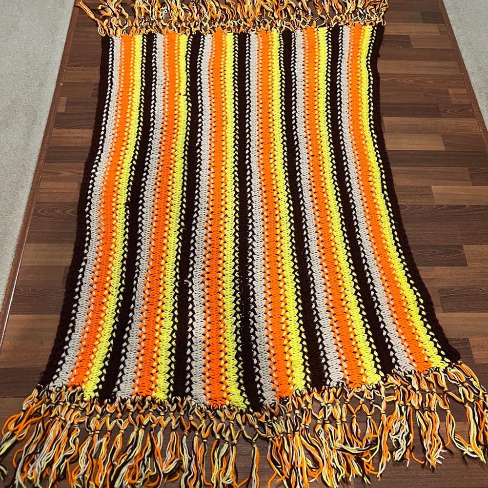 Vintage BOHO Crochet Knitted Afghan Blanket Brown Orange Yellow Retro￼ F…